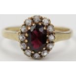 9ct Gold, Garnet and White Stone Cluster Ring, 11x9mm head, size Q, 2.5g