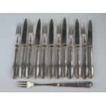 Continental .800 Silver Handled Fruit Knives and Forks and silver handled pickle fork