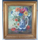 C20th Still Life Watercolour depicting Flowers in a Blue and White Ware Chinoiserie decorated Jug,