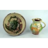 Jennie Hall Studio Pottery Bowl decorated with a frog (17.5cm diam.) and jug