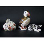 Royal Crown Derby Puffin (silver stopper), Meadow Rabbit (gold stopper) and Misty (silver stopper)