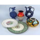 Poole Pottery Vase (7" wide), Susie Cooper and Wedgwood plates, two German Westerwald moon flasks (