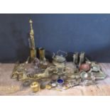 Collection of Brass Ware and other metal including hose nozzle, Fire Curb, Campion Set, Two Shell
