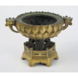 A Chinese Gilt Bronze Lotus Urn, two part body, 15.5cm wide, 10cm high