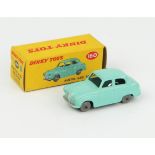 A Dinky Toys 160 Austin A30 Saloon in turquoise with smooth solid grey plastic wheels in correct