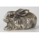 Russian Silver Rabbit or Hare with cabochon eyes, 69mm long, 57.6g