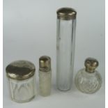 Two Silver Top Slice Cut Glass Toiletry Bottles (tallest 18.5cm), scent flask and bottle. Faults