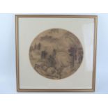 Chinese Painting on Silk of Mountainous Scene, 25cm diam., framed & glazed