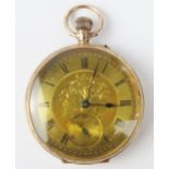 Antique 9ct Gold Ladies Fob Watch with chased foliate decoration, 36mm case, keyless movement,