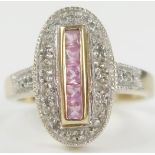 9ct Gold, Pink Sapphire and Diamond Dress Ring, 17x10mm head, size I.5, 3.3g