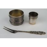 Large Continental Silver Napkin Ring, Norwegian silver pickle fork and small silver or plated