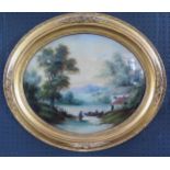 C19th Reverse Painting on glass, Landscape scene A/F, 44 x 36cm, F & G and a Framed Silk Map of