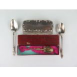Silver Top Cut Glass Dressing Table Box, 9.5x4.5cm, Birmingham 1908, two silver teaspoons and