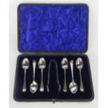 Six Silver Teaspoons and tongs, cased, Sheffield 1902, James Dixon & Sons Ltd., 98g