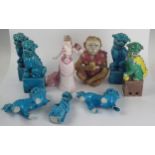 Chinese Turquoise Dogs of Foo, 20cm high, figurine and reproduction monkey