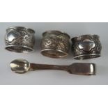 Three Embossed Silver Napkin Rings (Birmingham 1903, Joseph Gloster) and Georgian silver sugar