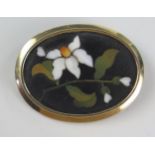 Antique Pietra Dura Brooch decorated with flowers in an unmarked gold setting, 45x35mm, 13.2g