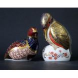 Royal Crown Derby Kingfisher and Quail Paperweights, both gold stoppers