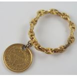 Antique High Carat 'Chain Link' Ring with a suspended 1853 $1 gold coin, size I.5, 3.6g