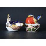 Royal Crown Derby Robin Paperweight (silver button) and Wren (gold button)