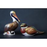 Royal Crown Derby Woodland Pheasant (gold stopper) Brown Pelican (silver stopper)