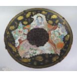 Large 19th Century Japanese Porcelain Shallow Dish, the black ground with four panels decorated in