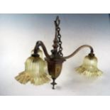 Brass Chandelier with three yellow glass shades