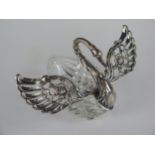 Large Silver and Cut Crystal Swan Salt with articulated wings, 11cm long, London 1967 import marks