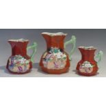 Masons Royal Terracotta Porcelain Graduated Set of Three Jugs, c. 1840, tallest 17cm