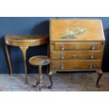 Mahogany and Chinoiserie Decorated Bureau, demi-lune table and wine table