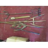 Old Wood Pitch Fork, flail, irons, dough trough, bucket, standard candle lamp, coffee ware, etc.