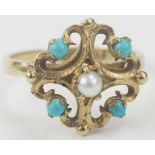 9ct Gold, Turquoise and Pearl Ring, 15mm diam. head, size N.75, 3g