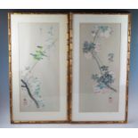 Pair of Chinese Paintings on Silk decorated with birds on blossoming branches, 55x25cm, framed &