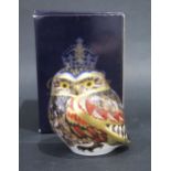 Royal Crown Derby Owl Paperweight, silver stopper, boxed