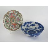 19th Century Cantonese Lobed Plate, 22cm diam. and blue and white bowl