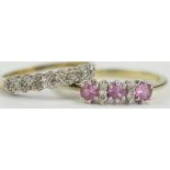 9ct Gold CZ Ring (size K.5, 1.3g) and pink sapphire and CZ ring (size O.5, 1.8g)