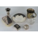 Silver Dish (14cm, London 1901, Hukin & Heath), silver mounted glass oil bottle, silver napkin ring,