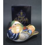 Royal Crown Derby Mandarin Duck paperweight, silver stopper, boxed