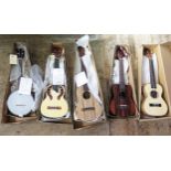 3 Excelsior Ukuleles and 1 Tanglewood Ukuleles (all Tenor) and Concert Banjolele with issues - one