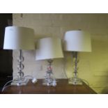 Three Modern Glass Table Lamps with shades, by Neptune, 56cm high. One with small chip to base