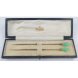 J.C. Vickery _ Cased Pair of Jadeite 5" Hair Pins, boxed