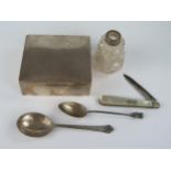 Birmingham Silver Cigarette Box (faults), silver and MOP fruit knife, etc.