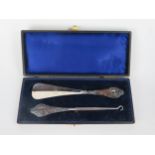 Silver Handled Shoe Horn and Button Hook, cased, Chester 1911