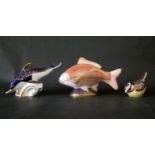 Royal Crown Derby Golden Carp, 17cm high and Dolphin and Black Tit paperweight (black tit A/F)