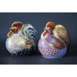 Two Royal Crown Derby Cockerel Paperweights, Imari palette gold button and other silver button