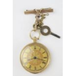 Ladies 18ct Gold Fob Watch with chased foliate decoration, the 37mmm case with key wound movement (