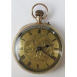 Antique 9ct Gold Ladies Open Dial Fob Watch, 32mm case with keyless movement. Running