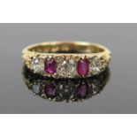 Victorian 18ct Gold, Ruby and Diamond Five Stone Ring, size J.5, 3.5g. Central stone c. 4mm