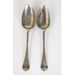 A pair of George II silver table spoons, shell back bowl, engraved crest, London 1758?, Richard