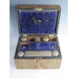 A late Victorian ladies dressing case, burr walnut and parquetry inlaid with mother of pearl, fitted